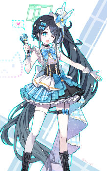 1girl ;d absurdly_long_hair absurdres alternate_costume alternate_hairstyle aqua_eyes aqua_outline aris_(blue_archive) back_bow black_boots black_choker black_hair black_skirt blue_archive blue_background blue_bow blue_bowtie blue_skirt boots bow bowtie braid breasts buttons cherilynorz choker collared_shirt commentary double-breasted fang feet_out_of_frame fingerless_gloves floating_hair frilled_shirt frilled_skirt frills garter_straps gloves green_halo hair_bow hair_ornament hairclip half_up_braid halftone halo hand_up hat hat_bow hat_feather heart high-waist_skirt highres holding holding_microphone idol_clothes lace-up_boots layered_skirt long_hair long_sidelocks looking_at_viewer microphone mini_hat mini_top_hat multicolored_skirt one_eye_closed open_mouth outline outstretched_arm parallel_hairclips parted_bangs plaid_bow plaid_bowtie plaid_clothes plaid_skirt rectangular_halo see-through_clothes shirt side_ponytail sidelocks single_garter_strap single_thighhigh skin_fang skirt skirt_bow sleeveless sleeveless_shirt small_breasts smile solo sparkle spoken_heart standing star_(symbol) thigh_strap thighhighs tilted_headwear top_hat very_long_hair white_background white_bow white_gloves white_hat white_shirt white_thighhighs wrist_bow