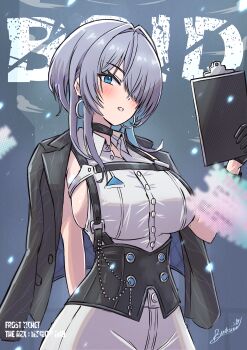 1girl absurdres arm_behind_back backsine black_choker black_corset blue_eyes breasts brid_(nikke) brid_(silent_track)_(nikke) chest_harness choker collared_shirt commentary corset dress_shirt earrings english_commentary goddess_of_victory:_nikke hair_over_one_eye harness highres holding holding_tablet_pc hoop_earrings jacket jacket_on_shoulders jewelry large_breasts looking_at_viewer parted_lips shirt sideless_shirt solo tablet_pc white_shirt