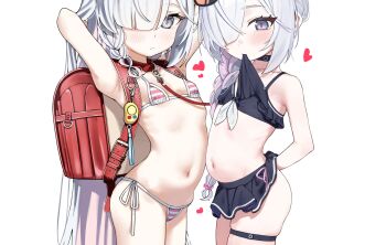 2girls arms_behind_head arona_(blue_archive) backpack bag bare_shoulders bikini bikini_skirt blue_archive blush breasts closed_mouth clothes_in_mouth cowboy_shot grey_eyes hair_over_one_eye hanakonenne heart highres loli long_hair looking_at_viewer multiple_girls navel one_eye_covered plana_(blue_archive) randoseru red_bag red_pupils sailor_bikini sailor_collar side-by-side side-tie_bikini_bottom simple_background skindentation small_breasts stomach swimsuit thigh_strap very_long_hair white_background white_hair