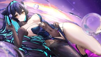 1girl black_gemstone black_hair blue_bustier breasts bubble bubble_hair_ornament bustier cleavage clothing_cutout colored_inner_hair commentary_request cone_hair_bun coral covered_navel cutout_above_navel cutout_below_navel dress gem goddess_of_victory:_nikke hair_bun hair_intakes hair_ornament hip_vent holding_bubble kurono_suzuran large_breasts little_mermaid_(abyss_flower)_(nikke) little_mermaid_(nikke) long_hair looking_at_viewer multicolored_hair official_alternate_costume panties_visible_through_clothes pearl_hair_ornament see-through_clothes see-through_dress smile solo sphere_hair_ornament two-tone_hair very_long_hair yellow_eyes