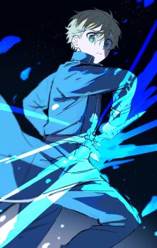 1boy absurdres blonde_hair blue_coat blue_pants closed_mouth coat commentary_request drawing_sword eugeo green_eyes hair_between_eyes highres holding holding_sword holding_weapon looking_at_viewer male_focus pants powering_up sheath short_hair solo sword sword_art_online toramaru_(696anna) unsheathing weapon