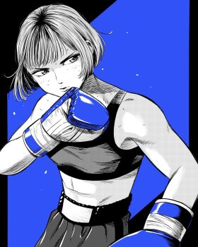 Rule 34 | 1girl, blue background, blue gloves, bob cut, boxing, boxing gloves, boxing shorts, breasts, commentary request, flying sweatdrops, gloves, greyscale, hatching (texture), highres, lee (dragon garou), monochrome, original, short hair, shorts, small breasts, solo, sports bra, spot color, sweat, upper body