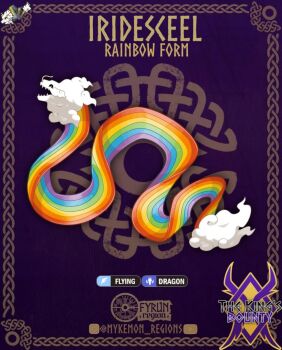 Rule 34 | artist name, celtic knot, character name, cloud, eel, fakemon, highres, instagram logo, instagram username, logo, mykel ryan, nintendo, no humans, open mouth, original, pokemon, pokemon (creature), rainbow, solo, youtube logo, youtube username