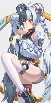 1girl absurdres ahoge aqua_nails arm_up bare_shoulders black_hair black_shoes blush braid braided_twintails chakram china_dress chinese_clothes closed_mouth collarbone commentary_request detached_sleeves dialyn_(zenless_zone_zero) double_bun dress earrings grey_background hair_bun hair_extensions hair_intakes hair_ornament hairclip highres holding holding_weapon hongqifengyue id_card jewelry leg_up long_hair looking_ahead multicolored_hair multicolored_nails necktie panda_hair_ornament phone red_nails ring_hair_extensions shoes simple_background solo split-color_hair thighhighs weapon white_dress white_hair white_thighhighs wire yellow_eyes yellow_necktie zenless_zone_zero