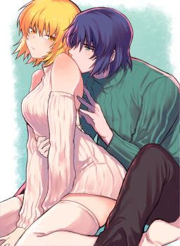 1boy 1girl arm_around_waist athrun_zala backless_dress backless_outfit bare_shoulders black_pants blonde_hair blue_eyes blue_hair border breasts cagalli_yula_athha closed_mouth commentary_request couple detached_sleeves dress green_background green_sweater gundam gundam_seed hair_between_eyes hand_on_another's_back hetero highres kimi88407604 kissing_shoulder light_blush looking_at_another medium_breasts no_shoes pants ribbed_dress ribbed_sleeves ribbed_sweater short_dress short_hair sweater sweater_dress thighhighs turtleneck turtleneck_dress turtleneck_sweater white_border white_dress white_sleeves white_thighhighs yellow_eyes zettai_ryouiki