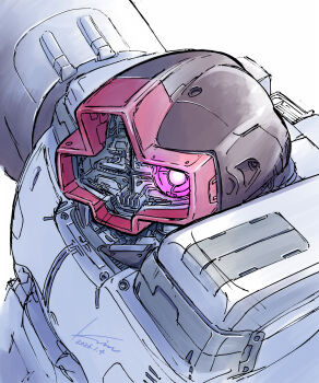absurdres commentary_request dated dom_(mobile_suit) gundam highres kobakin looking_at_viewer mecha mecha_focus mobile_suit one-eyed red_eyes robot science_fiction sideways_glance signature simple_background solo upper_body white_background