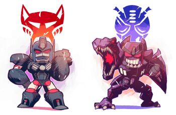 2boys animal ape beast_wars beast_wars:_transformers chibi clenched_teeth dinosaur evil_smile gorilla hand_on_own_hip maximal megatron_(beast_wars) multiple_boys no_humans optimus_primal predacon rariatto_(ganguri) red_eyes reptile rivalry simple_background smile serious teeth thighs transformers tyrannosaurus_rex white_background