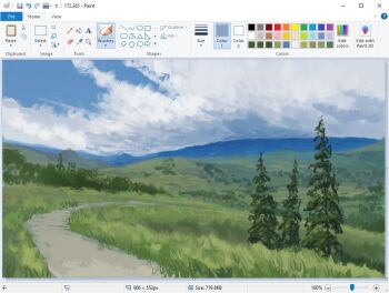 art_program_in_frame atmospheric_perspective blurry christian_young cloud cloudy_sky commentary day depth_of_field forest grass landscape microsoft_paint_(medium) microsoft_paint_(software) mountainous_horizon nature no_humans original outdoors painterly path road scenery screencap sky tree