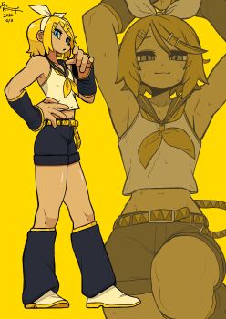 1girl :3 absurdres aqua_eyes armpits arms_up black_arm_warmers black_leg_warmers black_shorts blonde_hair bone_nigi bow bow_headband commentary_request crop_top full_body hair_ornament hairclip hand_on_own_hip hand_up headband highres kagamine_rin leg_warmers looking_at_viewer midriff multiple_views navel neckerchief short_hair shorts sleeveless solo standing sweat vocaloid white_bow white_headband yellow_background yellow_neckerchief yellow_theme