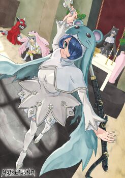 Rule 34 | 3girls, absurdres, animal hood, arm up, arms behind back, artcetona, artist name, black dress, black veil, blue eyes, blue hair, blue nails, blue veil, boots, breasts, candle, candlestand, cat hood, cloak, closed mouth, commentary, cross-shaped pupils, digimon, digimon (creature), dragon, dress, fang, fang out, full body, grey eyes, grey hair, hackmon (digimon), hair between eyes, hair over one eye, hands on own cheeks, hands on own face, high heels, highres, holding, holding sheath, holding sword, holding weapon, hood, hood up, hooded cloak, indoors, katana, knee boots, long hair, long sleeves, looking at viewer, medium breasts, mouse hood, multiple girls, nail polish, nun, pink veil, rabbit hood, red cloak, sheath, shoes, short hair, sidelocks, sistermon blanc, sistermon ciel, sistermon noir, sitting, smile, standing, sword, symbol-shaped pupils, table, thighhighs, unsheathing, veil, weapon, white boots, white dress, white shoes, white thighhighs, window shadow