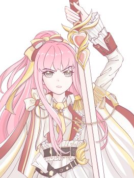 Rule 34 | 1girl, absurdres, belt, belt buckle, black belt, blazer, bow, brown eyes, buckle, cape, chinese commentary, chunpiao, collared jacket, collared shirt, commentary request, contrast lapels, cowboy shot, determined, dot nose, epaulettes, eyelashes, frilled jacket, frilled sleeves, frills, frown, furrowed brow, hair bow, high ponytail, highres, holding, holding sword, holding weapon, jacket, lapels, layered sleeves, light chaser (miracle nikki), long hair, long sidelocks, long sleeves, military uniform, miracle nikki, nikki (nikki), nikki (series), notched lapels, open clothes, open jacket, open mouth, pink hair, pleated skirt, ponytail, red bow, red cape, scroll, shirt, sidelocks, simple background, single epaulette, skirt, sleeve cuffs, solo, standing, sword, two-sided cape, two-sided fabric, two-tone bow, very long hair, weapon, white background, white cape, white jacket, white shirt, white skirt, yellow bow