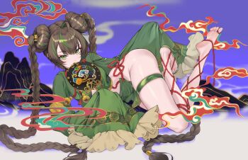 1girl absurdres ahoge barefoot blue_sky braid breasts character_request copyright_request day dress feet feet_up full_body gold_trim green_dress green_eyes green_hair green_nails hair_bun hand_fan highres holding holding_fan kirr_rr legs long_hair looking_at_viewer multicolored_hair nail_polish sandals single_sandal skindentation sky small_breasts soles solo streaked_hair thigh_strap toenail_polish toenails toes twin_braids very_long_hair wide_sleeves