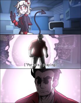 1boy 1girl absurdres avengers:_endgame avengers_(series) clenched_hands ddolbang demon_girl demon_horns demon_tail english_text gloves helltaker helltaker_(character) highres horns lucifer_(helltaker) maid marvel marvel mole mole_under_eye pants portal_(object) red_eyes red_shirt shirt tail white_hair white_pants