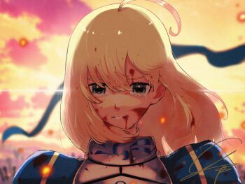 1girl ahoge artoria_pendragon_(fate) backlighting blonde_hair blood blood_on_face blurry blurry_background commentary_request fate/grand_order fate_(series) hair_between_eyes highres long_hair long_sleeves looking_at_viewer outdoors parted_lips saber_(fate) sad solo tears u_tei upper_body