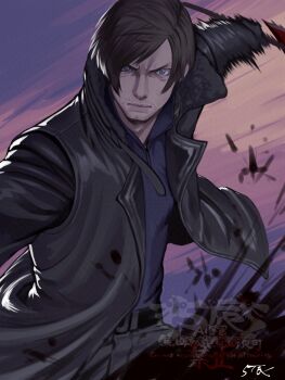 1boy 5tatsu axe beard_stubble black_coat black_pants black_shirt brown_hair closed_mouth coat commentary_request facial_hair fur-trimmed_coat fur_trim furrowed_brow grey_eyes highres holding holding_axe leon_s._kennedy male_focus pants resident_evil resident_evil_requiem shirt short_hair solo stubble swinging_weapon upper_body