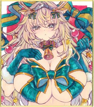 1girl antlers bare_shoulders barghest_(fate) bell blonde_hair blush breasts chikinan_tarou cleavage collar commentary_request elbow_gloves fate/grand_order fate_(series) gloves gold_trim green_eyes green_gloves green_ribbon hairband highres horns huge_breasts jingle_bell long_hair looking_at_viewer metal_hairband painting_(medium) ribbon solo traditional_media watercolor_(medium)
