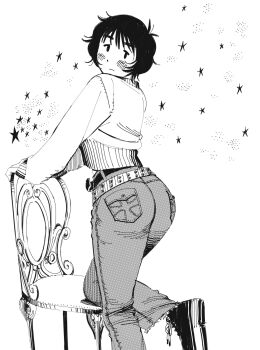 Rule 34 | 1girl, absurdres, ass, ass focus, belt, black hair, blush, chair, commentary, cross, cross print, denim, english commentary, heidi (heytherenrds), highres, jeans, long sleeves, looking at viewer, looking back, madeline (heytherenrds), monochrome, original, pants, shoes, sneakers, solo, star (symbol), studded belt