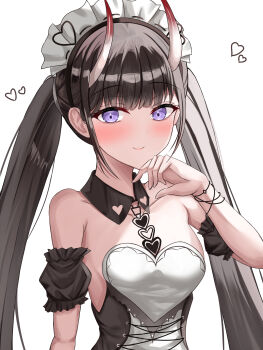 1girl absurdres azur_lane bare_shoulders black_hair breasts commentary_request detached_collar detached_sleeves dress highres horns kuon_(kuon) long_hair looking_at_viewer maid_headdress medium_breasts noshiro_(azur_lane) noshiro_(hold_the_ice)_(azur_lane) official_alternate_costume purple_eyes simple_background skin-covered_horns strapless strapless_dress twintails upper_body white_background