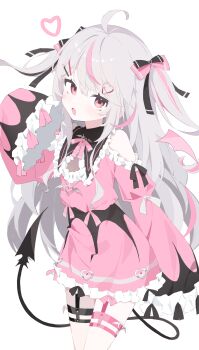 Rule 34 | 1girl, absurdres, ahoge, bare shoulders, black bow, blush, bow, bowtie, clothing cutout, commentary request, cowboy shot, demon tail, dress, frilled dress, frilled sleeves, frills, grey hair, hair bow, hair ornament, hairclip, hand up, heart, heart hair ornament, highres, long sleeves, looking at viewer, multicolored hair, multiple thigh straps, open mouth, original, parallel hairclips, pink bow, pink bowtie, pink dress, pink eyes, pink hair, short dress, shoulder cutout, simple background, sleeve bow, sleeves past fingers, sleeves past wrists, solo, streaked hair, tail, thigh strap, two-tone hair, two side up, urotsuki (ku9625), white background, wide sleeves