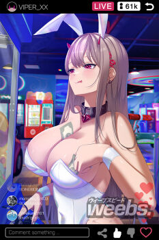 1girl animal_ears arcade banknote between_breasts breasts cleavage commission fake_phone_screenshot fake_screenshot goddess_of_victory:_nikke iridescent_clothes iridescent large_breasts leotard licking licking_lips livestream money playboy_bunny pornography_production rabbit_ears spiz strapless strapless_leotard streamers tongue tongue_out viper_(nikke) white_leotard