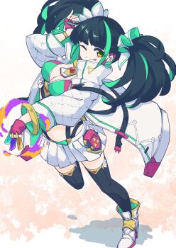 Rule 34 | :p, breasts, cleavage, coat, coattails, fingerless gloves, gloves, hair ornament, hair scrunchie, highres, kokutei n, leg up, menoa (p&amp;d), multicolored hair, one eye closed, puzzle &amp; dragons, scrunchie, skirt, streaked hair, thighhighs, tongue, tongue out, twintails, white coat, white skirt, yellow eyes