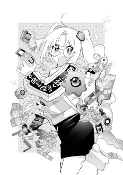 1girl absurdres appli_drive appli_drive_duo backpack bag box bright_pupils bug butterfly card claws commentary_request copyright_name cover curled_fingers cyborg d-3_(digimon) d-ark d-scanner digimoji digimon digimon_(creature) digimon_(virtual_pet) digimon_card_game digimon_crest digimon_recollection digivice digivice_ic dinosaur fake_horns figure fingernails from_side glasses greymon greyscale hair_ornament hands_up helmet highres horned_helmet horns insect insect_wings iridescent jacket kuramon leg_up logo long_sleeves looking_at_viewer metalgreymon model_kit monochrome mugendramon non-humanoid_robot nozomi_riko official_art one-eyed ookutsuwa_waga open_bag open_mouth parted_bangs robot round_eyewear sharp_teeth shield shield_hair_ornament shoulder_cannon sign skirt smartwatch striped_skin sun_symbol teeth torn_wings toy trading_card twintails virtual_pet_(toy) vital_bracelet warning_sign watch white_hair white_jacket white_pupils wings wristwatch xrossloader