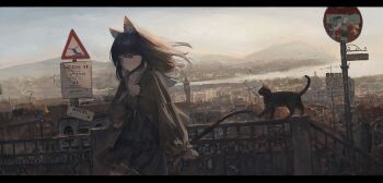 1girl animal_ear_fluff animal_ears black_cat black_dress black_hair black_tail brown_cardigan cardigan cat cat_ears cat_girl cat_tail cityscape commentary_request drawer_bushi_huajia dress frilled_dress frills grey_eyes highres long_hair looking_to_the_side one_way_sign original radio_antenna road_sign scenery shore sign solo standing tail
