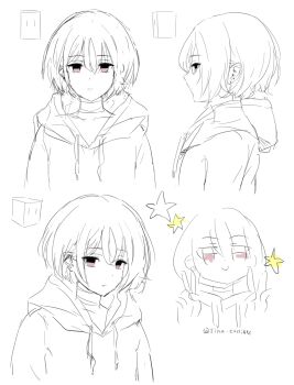 1girl absurdres artist_name bandaged_neck bandages blue_archive candy_moon777 commentary_request crossed_bangs double_v ear_piercing empty_eyes from_side hair_between_eyes highres hood hood_down looking_at_viewer misaki_(blue_archive) multiple_views piercing portrait short_hair sketch star_(symbol) v white_background