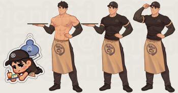 1boy abs apron bara baseball_cap biceps black_pants black_shirt black_shoes broad_shoulders brown_apron brown_hair haikyuu!! hand_on_own_hat hand_on_own_hip hat jon_(jonigiri) large_pectorals logo male_focus miya_osamu multiple_views muscular muscular_arms muscular_male navel nipples pants pectorals reference_sheet shirt shoes simple_background smile tight_clothes tight_shirt topless_male waiter white_background