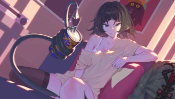 1girl alcohol alternate_costume animal_ear_piercing animal_ears bangboo_(zenless_zone_zero) beer black_hair bra breasts brown_thighhighs can cleavage collarbone commentary couch english_commentary green_eyes grey_jacket grey_tail highres holding holding_can holding_with_tail indoors jacket jane_doe_(zenless_zone_zero) long_tail looking_at_viewer medium_breasts mouse_ears mouse_girl mouse_tail muranomiro on_couch parted_lips pillow poster_(object) prehensile_tail safety_(zenless_zone_zero) sharp_tail shirt single_bare_shoulder sitting solo t-shirt tail thighhighs underwear unworn_jacket white_bra yellow_shirt zenless_zone_zero