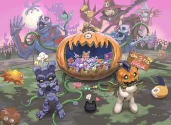 2girls absurdres appmon blue-eyes_white_dragon body_fur botamon brown_fur character_request closed_mouth commentary crossover digimon digimon_(creature) digimon_universe:_appli_monsters dragon dress duel_monster english_text gottsumon halloween hat highres holding holding_sign horns in-franchise_crossover kuriboh level-00 multiple_girls outdoors petimeramon pink_dress pumpkin pumpking_the_king_of_ghosts pumpmon red_dress rock shallow_grave sign single_horn skull_servant stuffed_toy tunomon warudamon witch witch_hat witchmon yu-gi-oh!