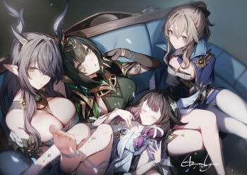 4girls bare_shoulders black_gloves black_hair blush closed_eyes closed_mouth columbina_(genshin_impact) commentary_request couch crossed_legs elbow_gloves feet genshin_impact genyaky gloves green_eyes green_hair grey_hair hair_over_one_eye horns jean_(genshin_impact) lauma_(genshin_impact) looking_at_viewer lying multiple_girls nefer_(genshin_impact) on_back one_eye_covered parted_lips pointy_ears ponytail purple_hair short_hair sidelocks sitting smile soles thighs toes