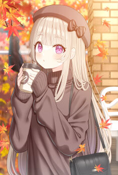 1girl absurdres autumn_leaves bag beret black_bag blonde_hair blurry blurry_background blush bow brick_wall brown_hat commentary_request cup diagonal-striped_bow disposable_coffee_cup disposable_cup falling_leaves handbag hat hat_bow highres holding holding_cup leaf long_hair maple_leaf mizukoshi_(marumi) original purple_eyes running_bond sleeves_past_wrists solo striped_bow sweater turtleneck turtleneck_sweater