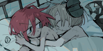 2boys blanket blue_eyes closed_eyes cuddling franken_stein_(soul_eater) grey_hair hayotukiaeya multiple_boys object_through_head pillow red_hair screw_in_head shared_bed shared_blanket soul_eater spirit_albarn stitched_face stitches under_covers v-shaped_eyebrows yaoi