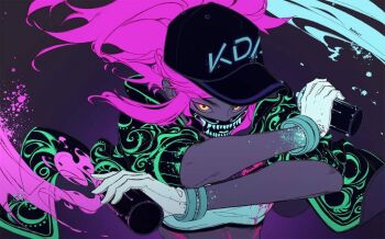 1girl akali baseball_cap commentary_request dual_wielding duplicate gloves hat holding idol jacket k/da_(league_of_legends) k/da_akali kawacy league_of_legends long_hair mask mouth_mask paint_splatter pink_hair raver sleeves_pushed_up solo spray_paint ultraviolet_light white_gloves yellow_eyes