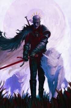 1boy absurdres anato_finnstark armor beard black_boots black_gloves boots cape facial_hair geralt_of_rivia gloves grass highres holding holding_sword holding_weapon scar scar_across_eye scar_on_face solo standing sword sword_on_back the_witcher_(series) weapon weapon_on_back white_hair witcher_medallion wolf yellow_eyes