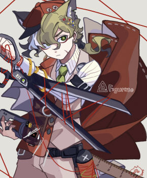 1boy animal_ears arknights belt brown_vest character_name closed_mouth collared_shirt commentary_request cowboy_shot facial_scar figurino_(arknights) footballfish_24 green_eyes green_hair green_necktie grey_background grey_pants hair_between_eyes hat highres holding holding_sword holding_weapon jacket long_sleeves looking_at_viewer low_ponytail male_focus multicolored_hair necktie pants ponytail red_hat red_jacket scar scar_on_cheek scar_on_face scissors shirt simple_background solo string striped_clothes striped_shirt sword vest weapon white_hair white_pants white_shirt wolf_boy wolf_ears