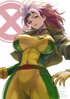 1girl bodysuit breasts brown_hair commentary_request covered_erect_nipples cowboy_shot ema_(emaura) green_bodysuit green_eyes green_jacket grey_hair highres jacket large_breasts marvel multicolored_hair open_clothes open_jacket rogue_(x-men) solo two-tone_hair white_background x-men x-men_(1992_video_game) yellow_bodysuit