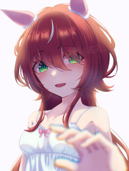 1girl absurdres animal_ears blurry blurry_foreground blush breasts commentary_request green_eyes hair_between_eyes hair_ornament highres horse_ears horse_girl lap_pillow looking_at_viewer low_twintails pajamas portrait red_hair rhea_zmzm signature small_breasts smile solo twintails umamusume white_background win_variation_(umamusume)