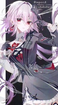 1girl absurdres buttons collar dress earrings evernight_(honkai:_star_rail) flower frilled_dress frills gem gloves hair_between_eyes hair_flower hair_ornament hairclip highres honkai:_star_rail honkai_(series) jewelry jujube_2513 long_hair march_7th_(honkai:_star_rail) parallel_hairclips pink_hair red_eyes red_gemstone ring shards single_earring sleeve_cuffs twitter_username very_long_hair