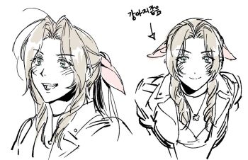 aerith_gainsborough ahoge blush brown_hair choker closed_mouth dress final_fantasy final_fantasy_vii final_fantasy_vii_remake flower_choker green_eyes hair_ribbon jacket long_hair looking_at_viewer multiple_views open_mouth parted_bangs peonrin pink_ribbon ponytail ribbon sidelocks sketch smile upper_body white_background
