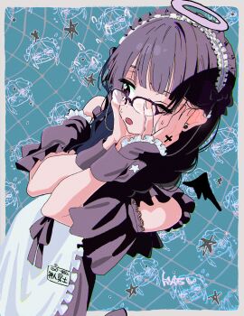 Rule 34 | 1girl, absurdres, apron, black hair, black wings, blue background, border, braid, commentary, cowboy shot, cross, detached sleeves, dutch angle, earrings, fingernails, glasses, halo, hands on own face, hasu, highres, jewelry, lace trim, long hair, maid apron, maid headdress, nail polish, name tag, one eye closed, open mouth, original, over-rim eyewear, pink nails, purple eyes, purple halo, semi-rimless eyewear, solo, standing, star (symbol), stud earrings, sweat, traditional halo, white border, wings, wrist cuffs