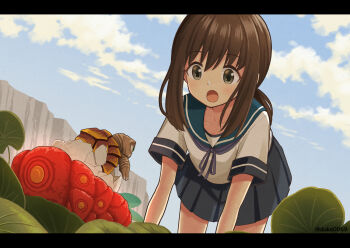 1girl 1other absurdres all_fours baby black_eyes black_hair blue_sailor_collar blue_skirt blue_sky cloud commentary_request crossover day egg fubuki_(kancolle) gamera gamera_(series) gamera_the_brave gem hatching highres jewelry kadokawa kaiju kantai_collection leaf letterboxed low_ponytail open_mouth ornate_stone outdoors pearl pearl_(gemstone) pleated_skirt ponytail red_gem rock sailor_collar school_uniform sea_monster serafuku short_ponytail sidelocks skirt sky toto_(gamera) yuuki_koutarou