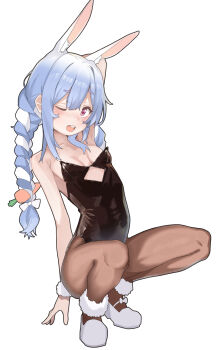 1girl ;d absurdres animal_ear_fluff animal_ears arm_behind_head arm_up bare_shoulders black_leotard blue_hair blush braid breasts brown_pantyhose carrot_hair_ornament food-themed_hair_ornament full_body fur_trim hair_ornament highres hololive leotard loli long_hair looking_at_viewer multicolored_hair one_eye_closed open_mouth pantyhose playboy_bunny rabbit_ears rabbit_girl s10021 shoes short_eyebrows simple_background small_breasts smile solo squatting strapless strapless_leotard teeth thick_eyebrows twin_braids twintails two-tone_hair upper_teeth_only usada_pekora virtual_youtuber white_background white_hair