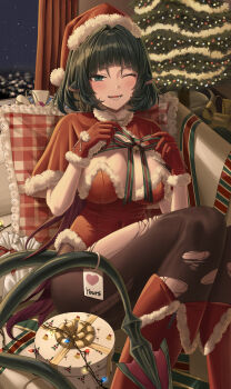1girl ;p absurdres animal_ears black_hair black_pantyhose boots breasts christmas christmas_tree cleavage commentary_request green_eyes hat highres indoors large_breasts long_hair m0_0m_c mouse_ears mouse_girl mouse_tail multicolored_hair one_eye_closed pantyhose red_boots red_hair santa_cape santa_costume santa_hat santa_leotard sitting solo tail tongue tongue_out torn_clothes torn_pantyhose two-tone_hair very_long_hair zenless_zone_zero