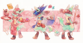 apron bag blue_hat clothed_pokemon cup dessert flower food fork gen_4_pokemon glass hat holding holding_tray liquid lucario lucario_(costume_party) nintendo oharu-chan outstretched_arm painting_(medium) petals pokemon pokemon_(creature) pokemon_cafe_remix pokemon_unite red_flower red_hat spikes spoon standing traditional_media tray waist_apron watercolor_(medium)
