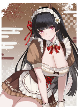 1girl absurdres alternate_costume animal_ears black_hair border breasts brown_dress chisa_(wuthering_waves) cleavage closed_mouth commentary dress enmaided hair_ribbon highres horse_ears large_breasts long_hair looking_at_viewer maid maid_headdress mole mole_under_eye official_alternate_costume red_eyes red_ribbon ribbon short_sleeves smile solo symbol-only_commentary thighs twomoon very_long_hair white_border wuthering_waves