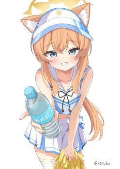 Rule 34 | 1girl, absurdres, alternate costume, animal ear fluff, animal ears, artist name, bare arms, bare shoulders, black ribbon, blue archive, blue bow, blue eyes, blue shirt, blue visor, blush, bottle, bow, cat ears, cat girl, cheerleader, clip studio paint (medium), collarbone, commentary request, cowboy shot, crop top, cropped shirt, double-parted bangs, english text, foreshortening, grin, halo, highres, holding, holding bottle, holding pom poms, incoming drink, kashima (ksm kai), leaning forward, long hair, looking at viewer, low ponytail, mari (blue archive), midriff, miniskirt, neck ribbon, official alternate hairstyle, orange hair, petite, pleated skirt, pom pom (cheerleading), pom poms, ponytail, ribbon, sailor collar, school emblem, shirt, simple background, skirt, skirt set, sleeveless, smile, solo, standing, sweatdrop, thighhighs, trinity general school logo, twitter username, two-tone bow, visor cap, waist bow, water bottle, white background, white bow, white sailor collar, white skirt, white thighhighs, yellow halo, zettai ryouiki