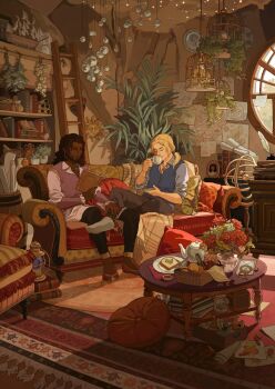 2boys absurdly_detailed_composition anduin_wrynn astrolabe baby's-breath barrel basket birdcage black_nails black_pants blanket blonde_hair blue_shirt bone book bookshelf bread bread_slice brown_footwear bug butterfly cage candle chaise_longue closed_eyes collared_shirt commentary commission conch couch cup dark_skin drawing_(object) drinking english_commentary envelope facial_hair fingernails fire flower food frilled_sleeves frills fruit gem goatee green_pillow grey_socks hand_on_another's_leg herb herb_bundle highres holding holding_book holding_cup holding_saucer inkwell insect ivy jam jar jewelry key ladder lantern layered_clothes leaf letter loaded_interior long_hair long_shirt male_focus map_(object) melteeyo model_ship multiple_boys mushroom napkin necklace on_couch open_book open_collar orange_(fruit) paint paint_palette paintbrush pants picture_frame pillow pink_butterfly pink_shirt plant pointy_ears ponytail quill reading red_flower red_gemstone red_pillow round_window rug saucer scroll seashell shadow sharp_fingernails shell shirt sitting skull sky sleeveless sleeveless_shirt sleeves_rolled_up smile socks stepladder table tassel teacup teapot toast treasure_chest tree vase warcraft water wavy_hair white_flower white_shirt window world_of_warcraft wrathion