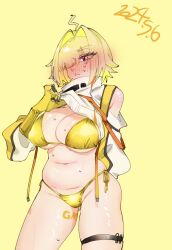 Rule 34 | 1girl, ahoge, averting eyes, belly, bibie307, bikini, blonde hair, blush, breasts, cleavage, clothes lift, commentary request, cropped sweater, dated, elegg (nikke), embarrassed, full-face blush, gloves, gluteal fold, goddess of victory: nikke, gold bikini, hair intakes, high collar, highres, large breasts, lifted by self, long bangs, multicolored hair, navel, plump, purple eyes, short hair, solo, stomach, sweat, sweater, sweater lift, swimsuit, thigh strap, two-tone hair, upright ahoge, yellow background, yellow gloves